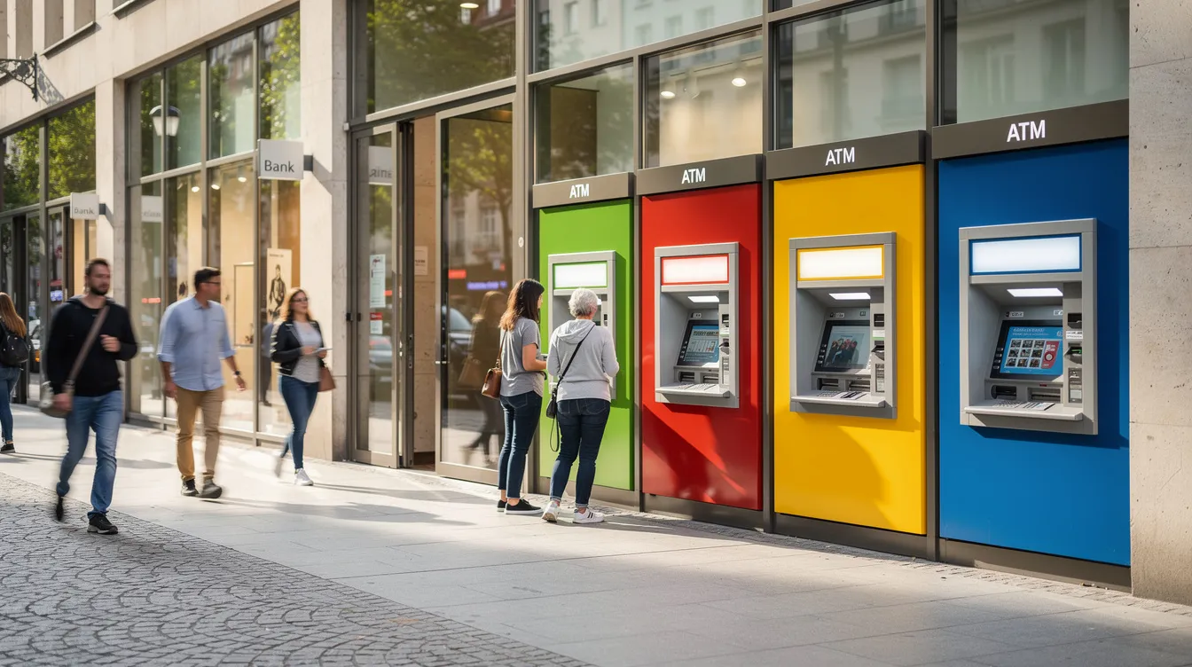 A vibrant row of ATM machines stands on a modern European street, with people casually walking by. The scene captures the accessibility of banking services, showcasing various Polish banks like Alior Bank and PKO Bank Polski, highlighting the convenience of managing a Polish bank account.