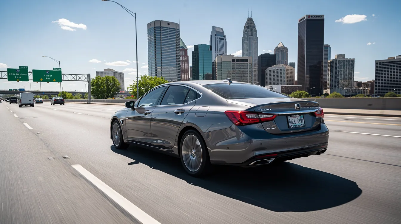 Una imagen de un auto sedán circulando por una carretera estadounidense, con un paisaje urbano al fondo que incluye edificios y árboles. Esta escena resalta la importancia del seguro de auto para proteger vehículos en entornos urbanos.