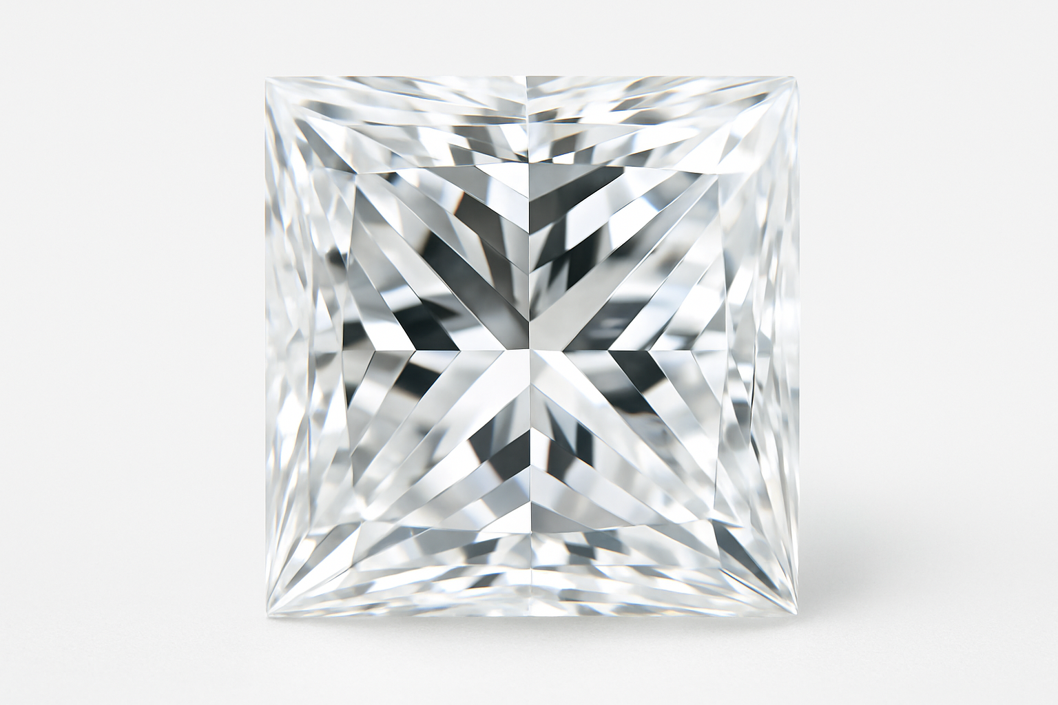 Nušlifuotą princesės pjūvio (Princess cut) deimantą ant švaraus balto fono, aiškiai matomos 58 briaunos ir veidrodiniai atspindžiai, pabrėžiantys akmens skaidrumą ir geometriją