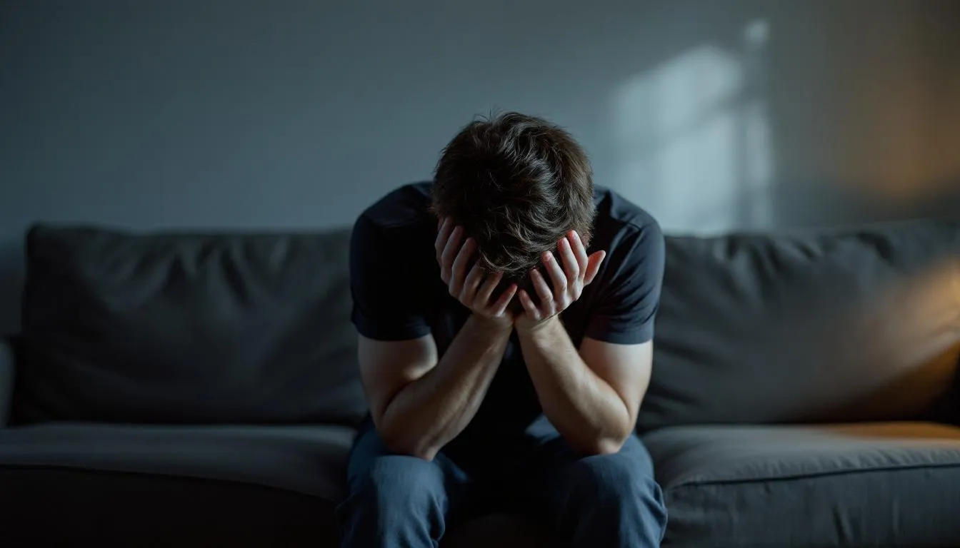 . A young adult is sitting alone on a sofa, hunched over with their head in their hands, reflecting a state of distress and anxiety, often associated with ψυχικές διαταραχές και σωματικά συμπτώματα. The dimly lit room adds to the feeling of isolation and the weight of their emotional struggle.