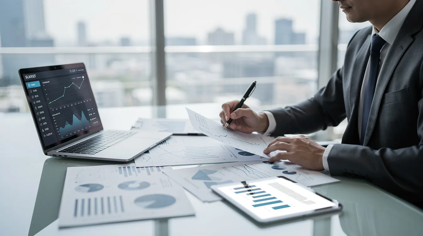 A professional sits at a modern office desk, meticulously reviewing financial documents related to a high net worth divorce. The scene suggests a focus on uncovering hidden assets and ensuring fair division of marital property in accordance with California community property laws.
