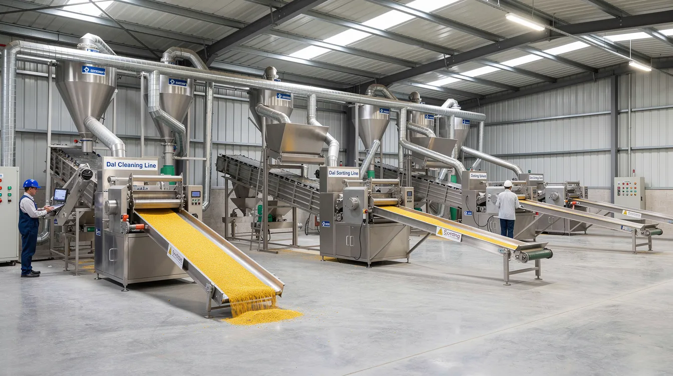 73d80797 5910 4f41 85cc 3ad13a98e0c3 The image depicts a modern dal mill facility featuring advanced processing machinery and conveyor belts within a spacious industrial building. This setup highlights the operational efficiency and technological advancements in the dal mill business, catering to the rising demand for processed pulses.
