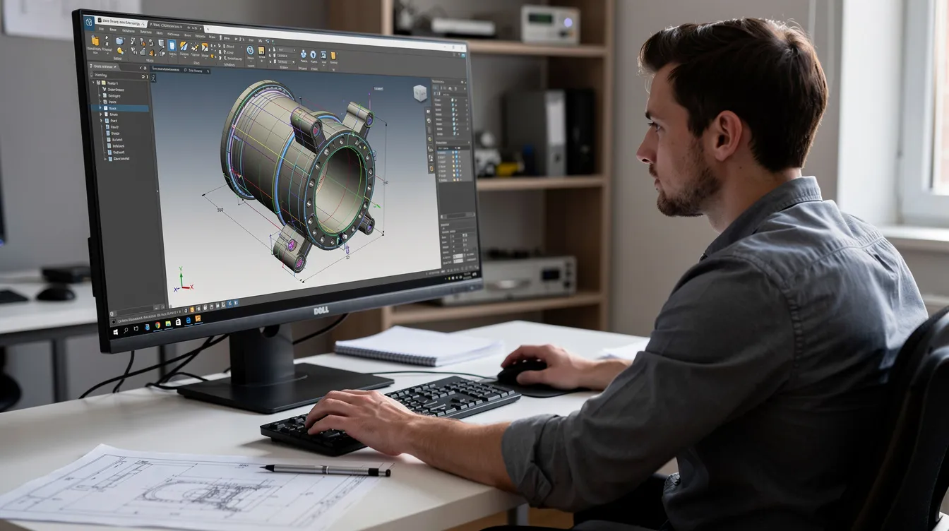 An engineer is seated at a workstation, focused on a large monitor that displays a detailed 3D CAD model of a mechanical part, illustrating the use of computer-aided design in the manufacturing process. This scene highlights the integration of modern CNC technology and computer numerical control in creating complex geometries for machine tools.