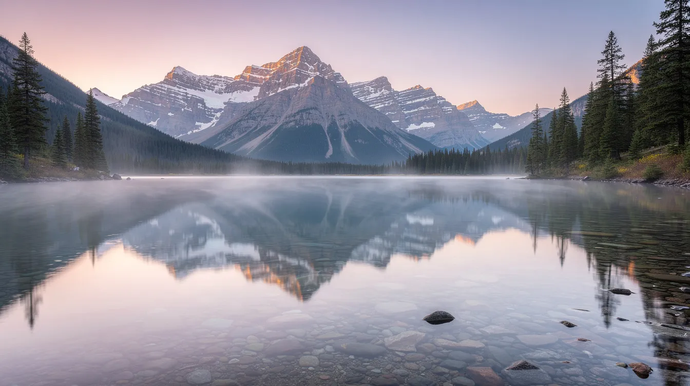 A serene alpine lake mirrors the snow-capped mountain peaks at dawn, with soft pink and blue hues illuminating the sky. This stunning landscape photograph captures the natural beauty of the scene, inviting viewers to appreciate the tranquility of the outdoors.