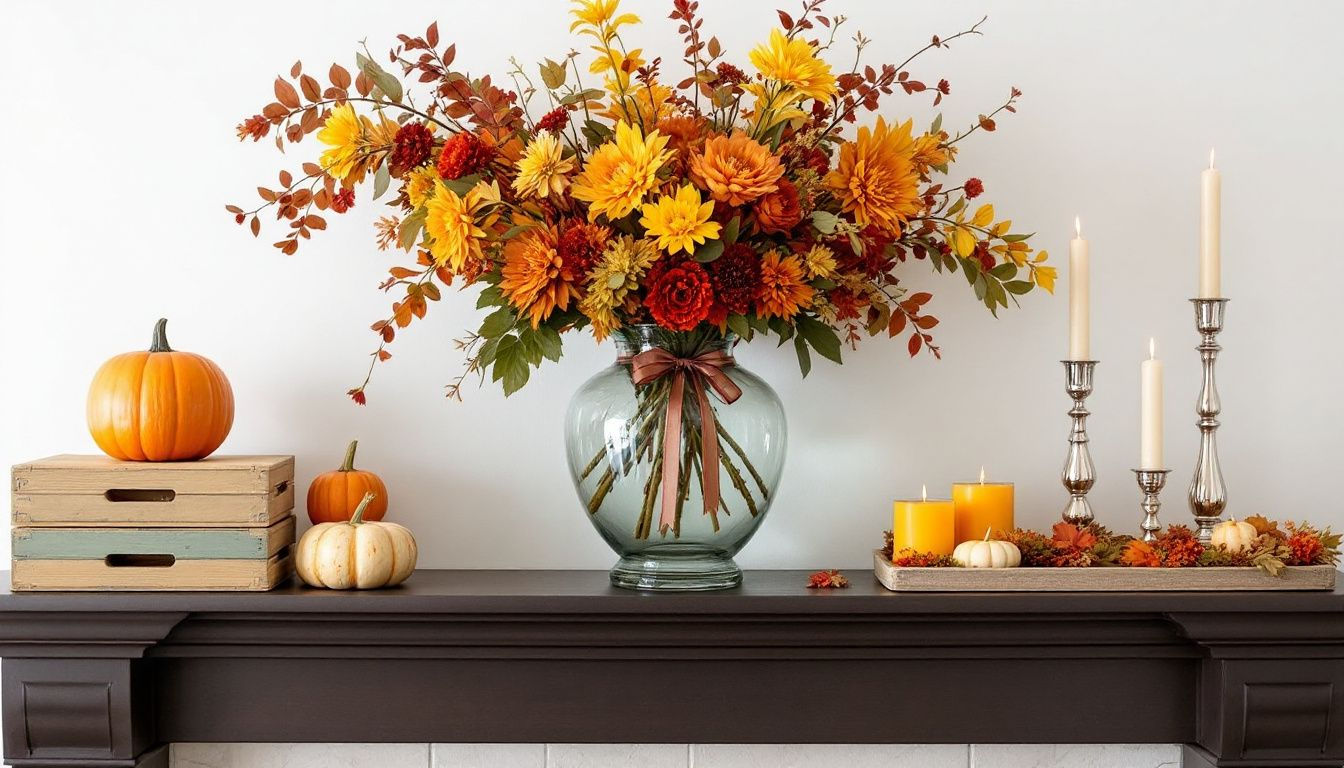 A beautifully styled fireplace mantel showcasing seasonal decor ideas.