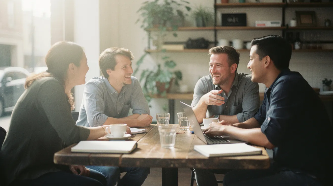 A candid documentary photograph captures a small group of professionals engaged in warm conversation around a wooden table, illuminated by natural window light. Their relaxed body language and soft-focus expressions convey a sense of emotional support and connection, reminiscent of therapeutic relationships often explored in schema therapy, highlighting the importance of addressing core emotional needs and coping styles.