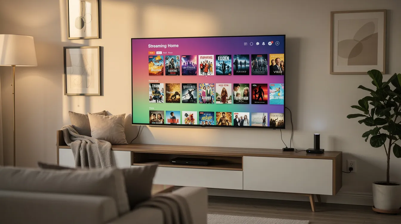 The image shows a modern living room featuring a large flat screen smart TV displaying a vibrant streaming interface, with a small streaming device plugged in nearby. In the background, a cozy family couch invites viewers to enjoy their favorite IPTV service, offering access to both Canadian and international channels.