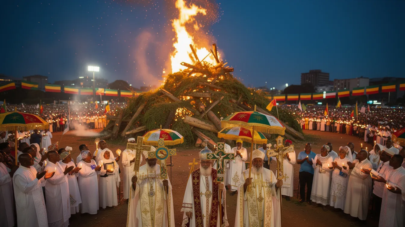 The image depicts a vibrant scene from the Meskel Festival, showcasing Ethiopian Orthodox Christians in traditional dress, celebrating the Festival of the True Cross with colorful processions and music in a lively atmosphere. The backdrop features the beautiful highlands of southern Ethiopia, emphasizing the rich cultural heritage and community spirit of this significant event.