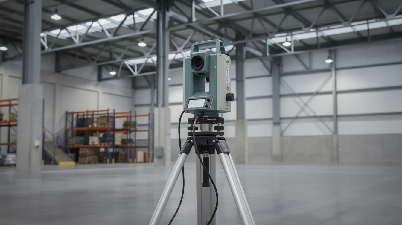 A terrestrial laser scanner is mounted on a tripod, actively capturing the intricate details of a warehouse interior, including visible structural elements. This advanced scanning technology emits laser pulses to collect accurate data points, facilitating the creation of point clouds for comprehensive documentation and analysis in industrial settings.