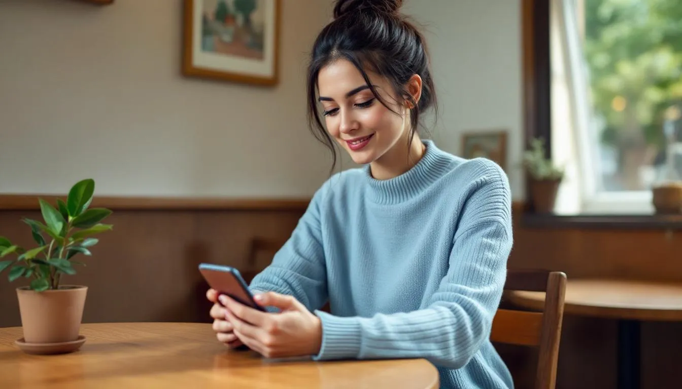 Una persona está usando un smartphone para hacer una reserva en plataformas de redes sociales, como Facebook o Instagram, mostrando un interés en planificar su próximo viaje. La imagen refleja la interacción de los clientes con el contenido de negocios y servicios a través de sus dispositivos móviles.