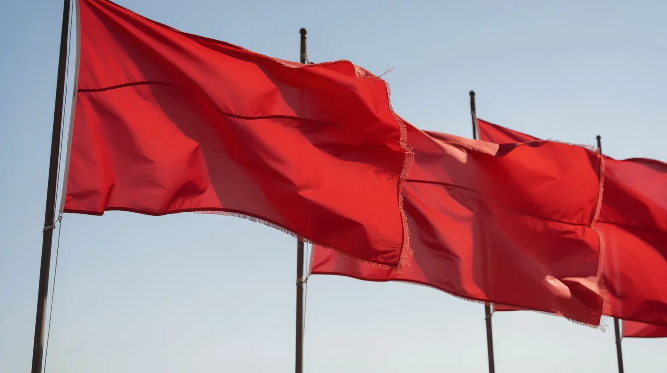 The image features vibrant red warning flags waving in the wind against a clear blue sky, symbolizing caution and alertness. This visual could represent the importance of being aware of financial assistance options like mudra loans for entrepreneurs and micro enterprises, emphasizing the need for a satisfactory credit track record when approaching a financial institution.