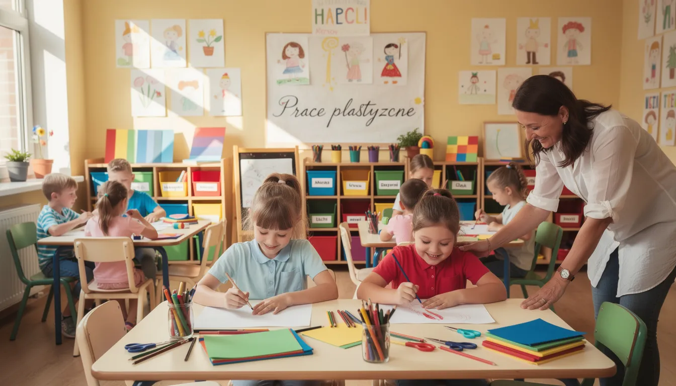 Na obrazku widoczne są dzieci w przedszkolu podczas zajęć plastycznych, kt&oacute;re siedzą przy stolikach i tw&oacute;rczo pracują nad swoimi projektami. W tle można dostrzec nauczycieli, kt&oacute;rzy wspierają aktywność poznawczą uczni&oacute;w i angażują ich w kreatywne działania.