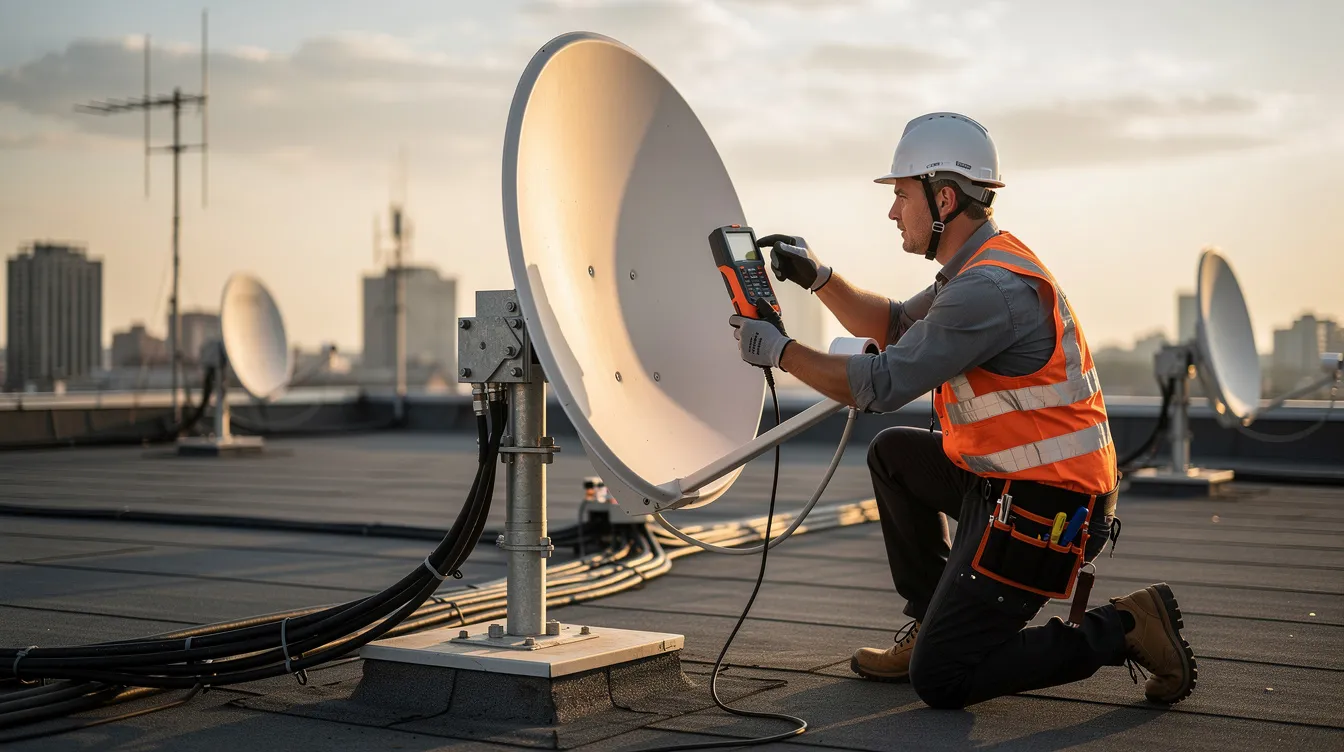 A technician is seen on a rooftop, fine-tuning a satellite dish with a signal meter to ensure optimal reception for a DSTV installation. This professional service aims to correct any faulty signal issues, providing crystal clear viewing for customers in Hermanus.