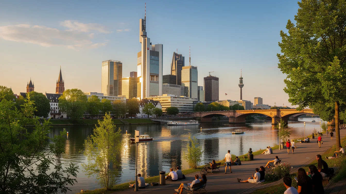 A imagem retrata a cidade de Frankfurt durante o verão, destacando seu centro financeiro com arranha-céus modernos e áreas verdes repletas de árvores. O céu está limpo e azul, proporcionando uma atmosfera vibrante e ensolarada, típica da Europa Central.