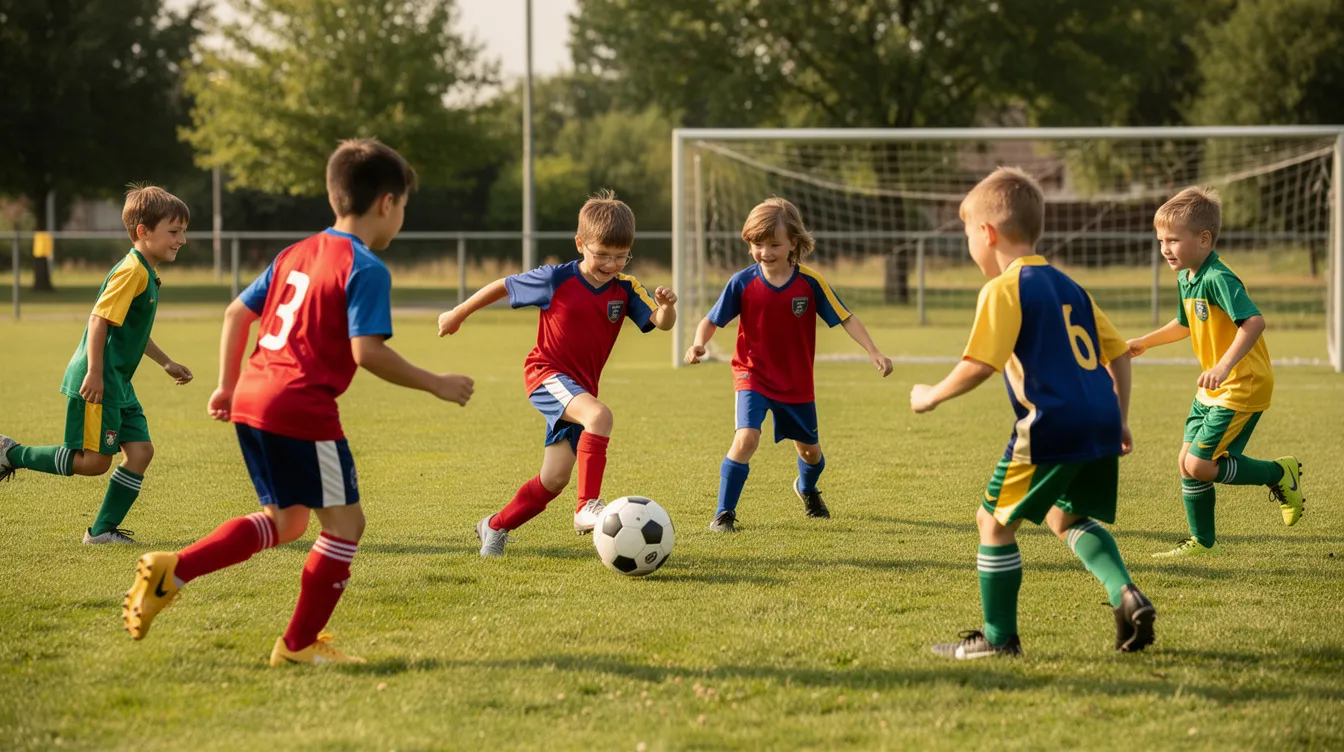 Eine Kindergruppe in bunten Trikots spielt begeistert Fußball auf einem kleinen Rasenfeld. Die fröhlichen Gesichter der Kinder zeigen den Spaß und die Freude am Sport, während sie sich in Bewegung befinden und Teamgeist erleben.