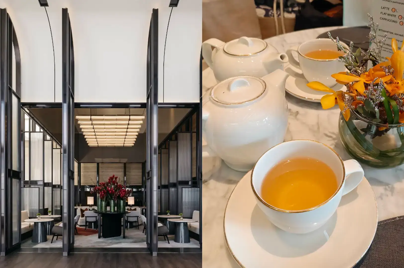 A split-screen image showing an elegant hotel lounge interior with towering glass arches, dark wood frames, and a grand red floral centerpiece on the left, paired on the right with a close-up of a marble tabletop set with two white teapots, teacups filled with golden tea, and a small glass vase of bright yellow orchids.