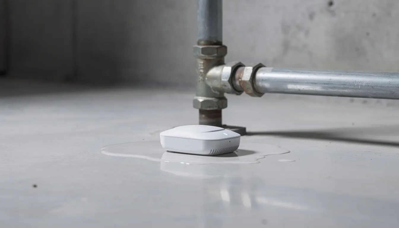 A modern white water leak detector device is positioned on a floor near pipes, designed to alert homeowners to potential water damage from issues like burst pipes or leaking plumbing. This device can help prevent unpleasant surprises that might not be covered by standard homeowners insurance policies.