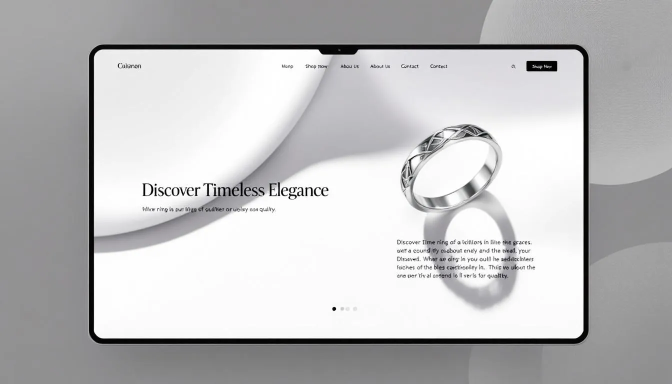 The image showcases a vibrant collection of sterling silver rings, including chunky styles and delicate stacking rings, all beautifully displayed on a modern website interface designed for silver ring enthusiasts. Accompanying marketing emails highlight special offers and new arrivals, inviting women to discover the perfect piece to match their taste and style.