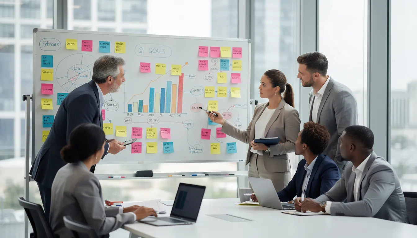 Kuvassa liiketoimintatiimi on kokoontunut valkotaulun ympärille, jossa on kaavioita ja post-it-lappuja, ja he suunnittelevat yhteistyössä. Tämä yhteistyö on tärkeä osa asiakaskokemuksen kehittämistä ja asiakkaan odotusten ymmärtämistä.