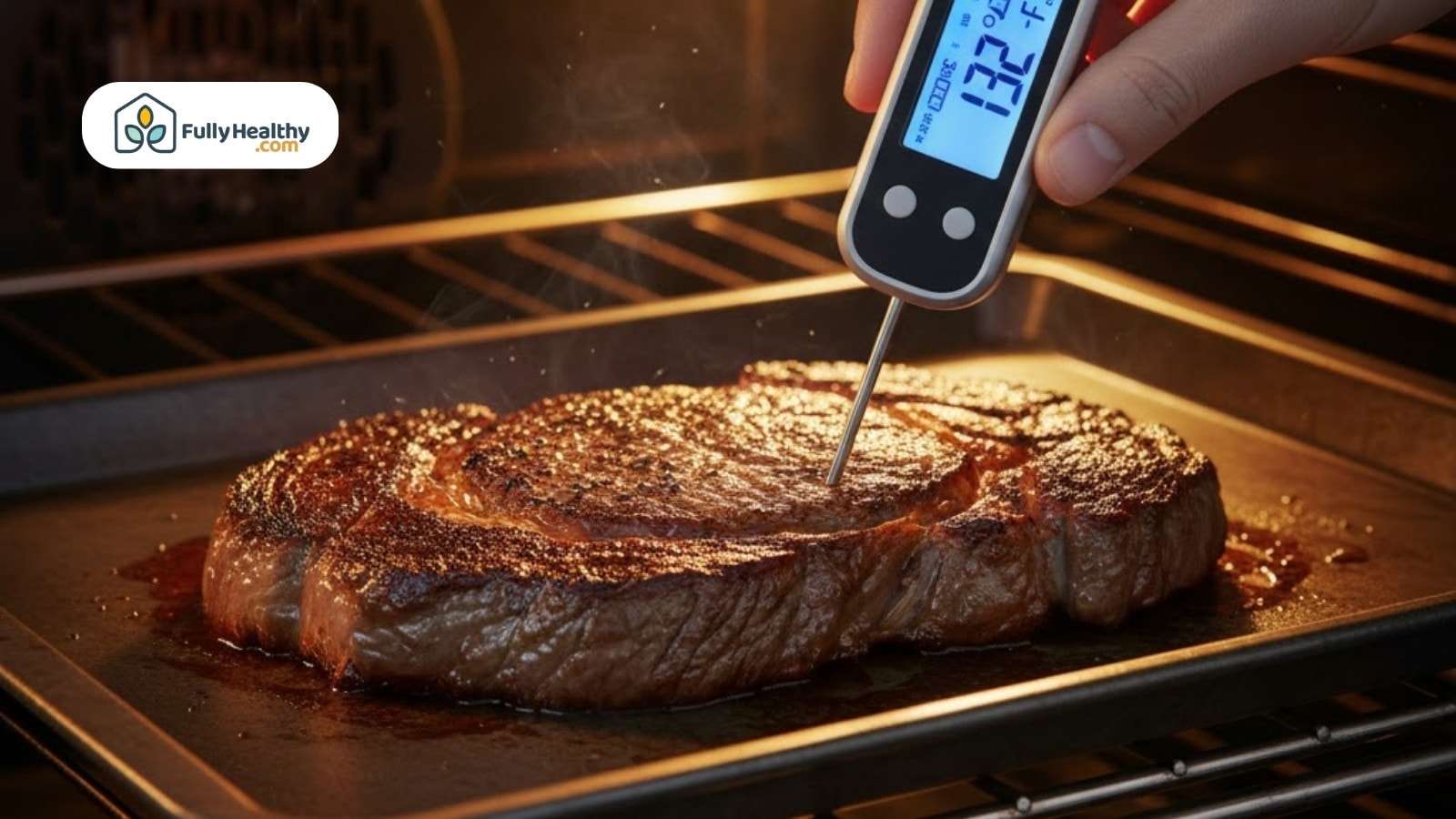 Steak in oven with thermometer showing internal temperature reaching 132 degrees Fahrenheit