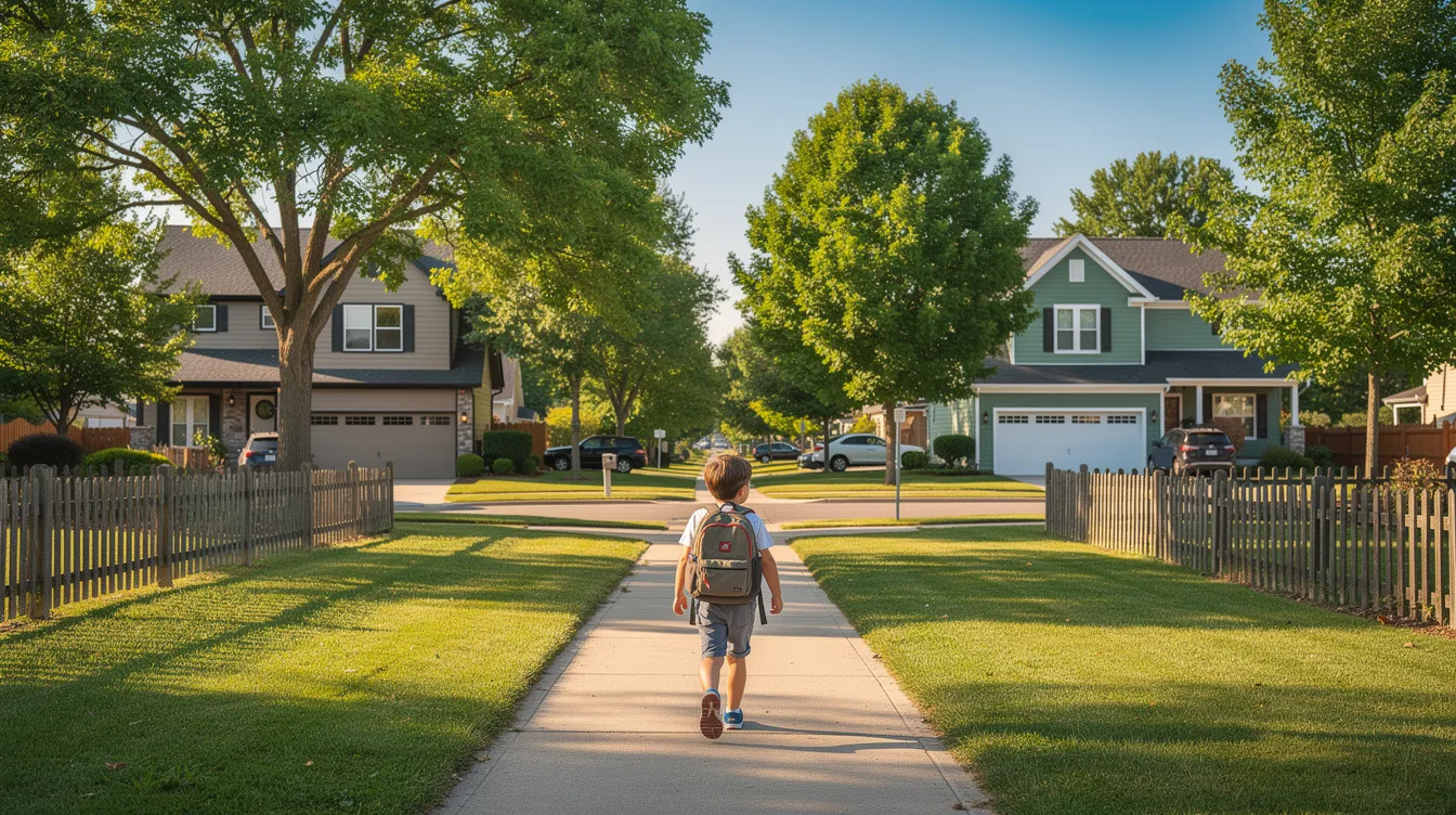 A child walks calmly between two houses on a sunny suburban street, surrounded by trees and a clear blue sky, symbolizing the importance of a stable environment for fostering healthy parent-child relationships amidst the challenges of parental alienation. The scene reflects the emotional well-being and development of the child, emphasizing the need for supportive custody arrangements that prioritize the child's welfare.