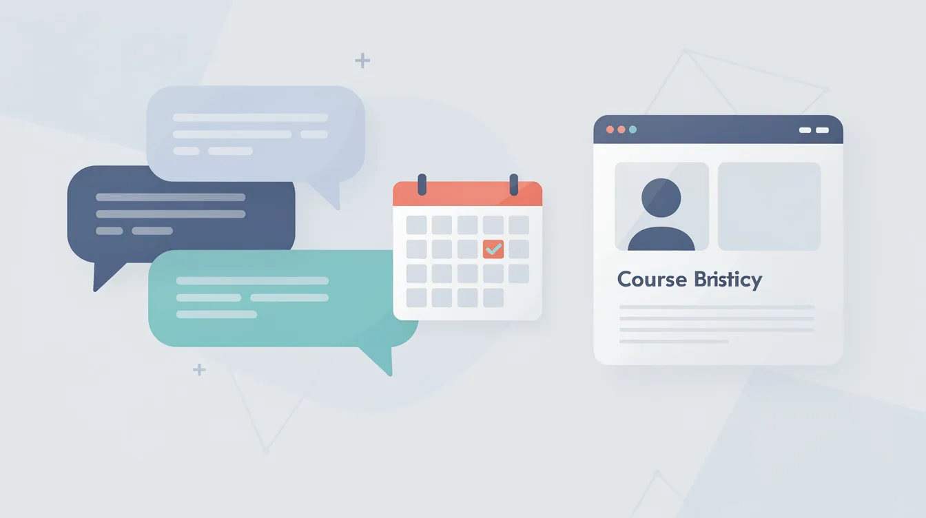 The image features an abstract flat illustration with overlapping chat bubbles, a calendar icon, and a course card, symbolizing community platform features that enhance engagement and interaction among users. This visual representation captures the essence of communication and collaboration in a digital environment.