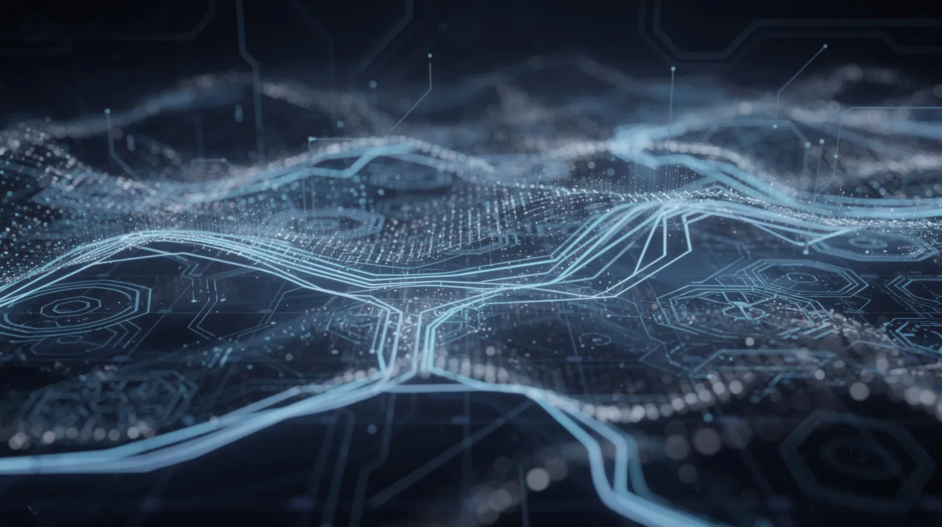 Interconnected digital nodes symbolizing AI agents collaborating autonomously to process information and automate workflows.