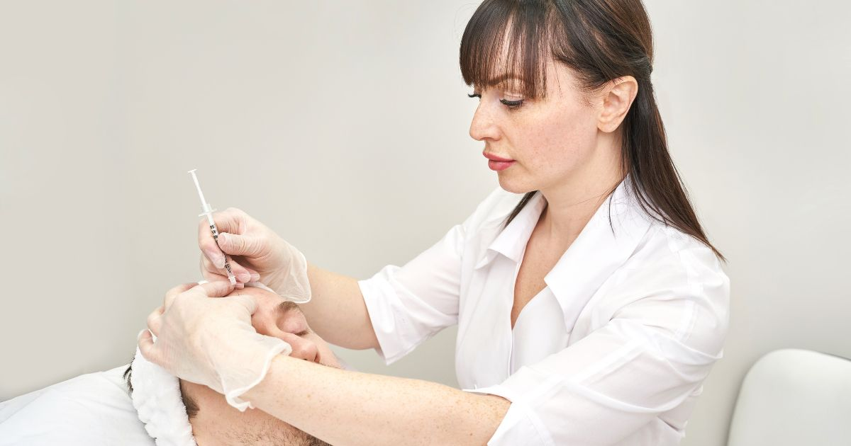 A woman receiving a skin needling treatment with a micro needling device and a numbing cream.