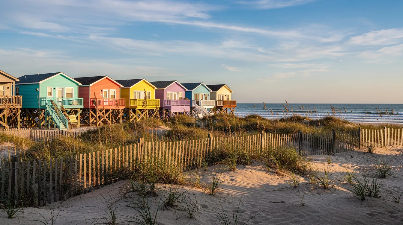 The image depicts a vibrant scene of colorful beach houses lining the North Carolina coast, with soft sand dunes and the ocean stretching into the background. This picturesque setting highlights the potential for rental income, making it an attractive location for real estate investors and those interested in North Carolina rental properties.