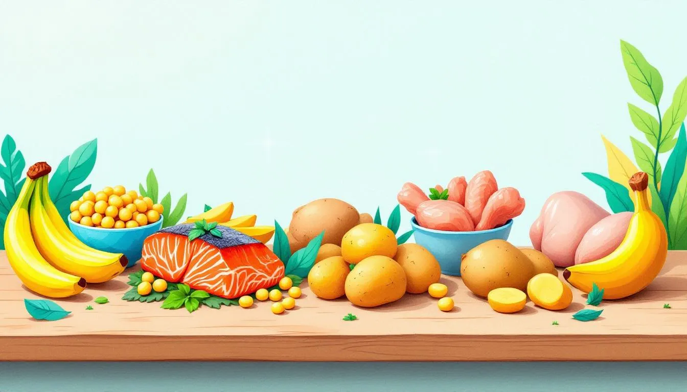 A collection of vitamin B6-rich foods displayed on a table.