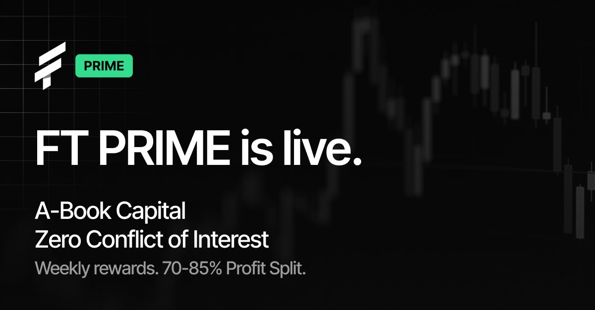 FT Prime launch announcement graphic highlighting key differentiators — A-Book capital structure, zero conflict of interest, weekly payouts, and a 70–85% profit split — set against a dark background with a blurred candlestick chart, signaling a trader-first prop firm model.
