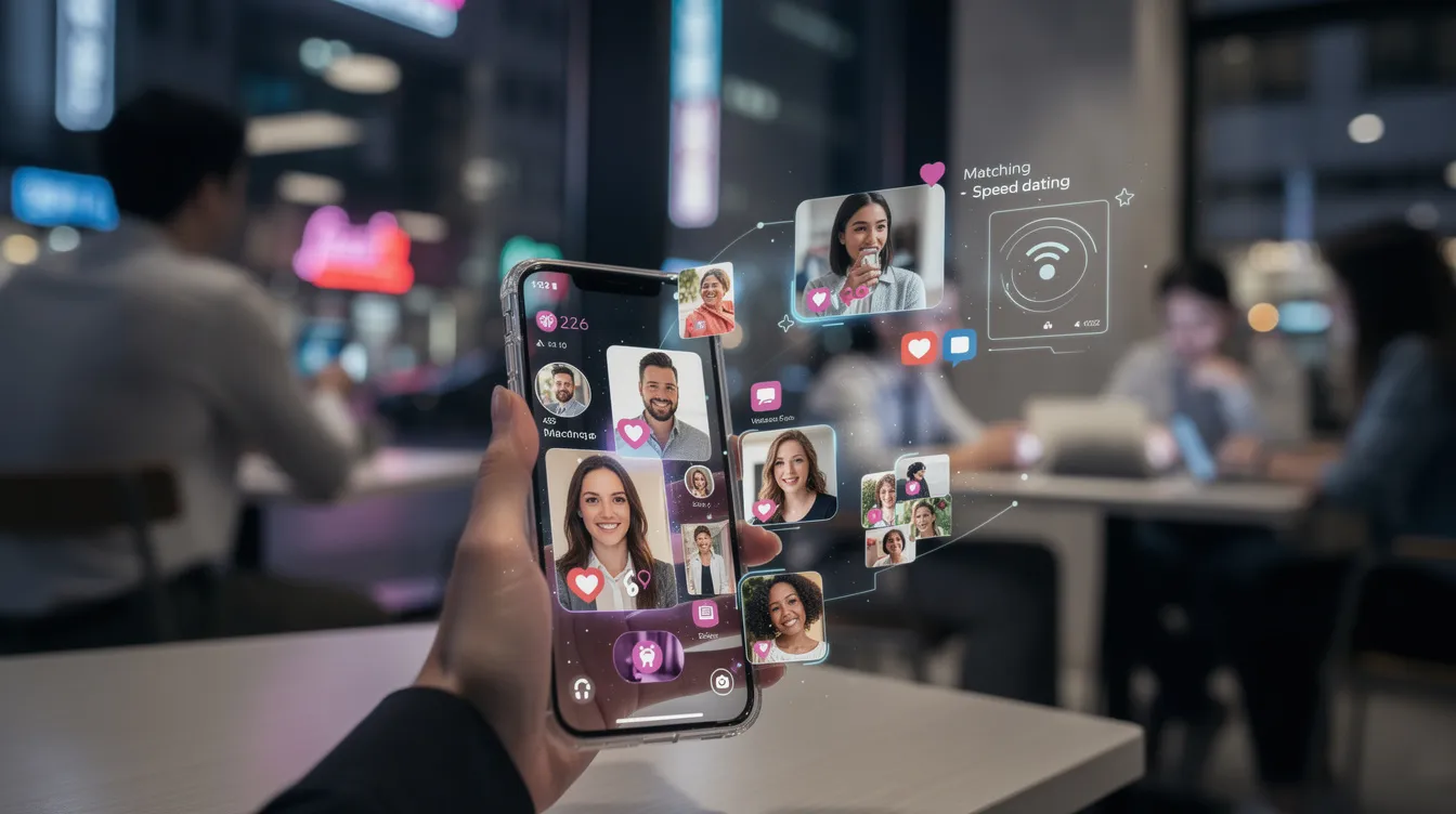 The image depicts a futuristic interface of a dating app in 2026, showcasing the "Iris dating app" with features designed for mutual attraction and genuine connections. Users can explore attractive singles, create a free account, and experience AI technology that enhances their online dating journey, making it easier to find love and successful relationships.