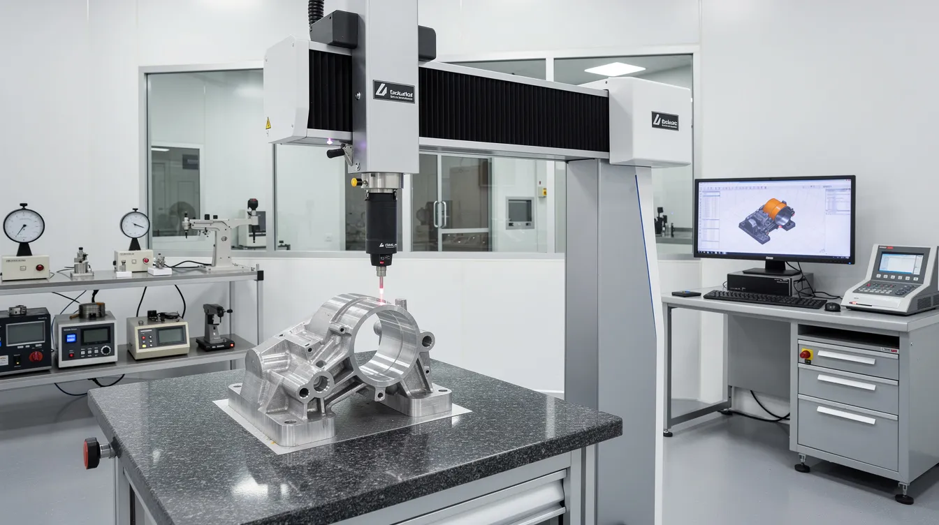 The image shows a coordinate measuring machine in a clean room, accurately measuring a metal part as part of a quality inspection process. This advanced equipment is essential for ensuring consistent quality in rapid prototyping and precision machining services.