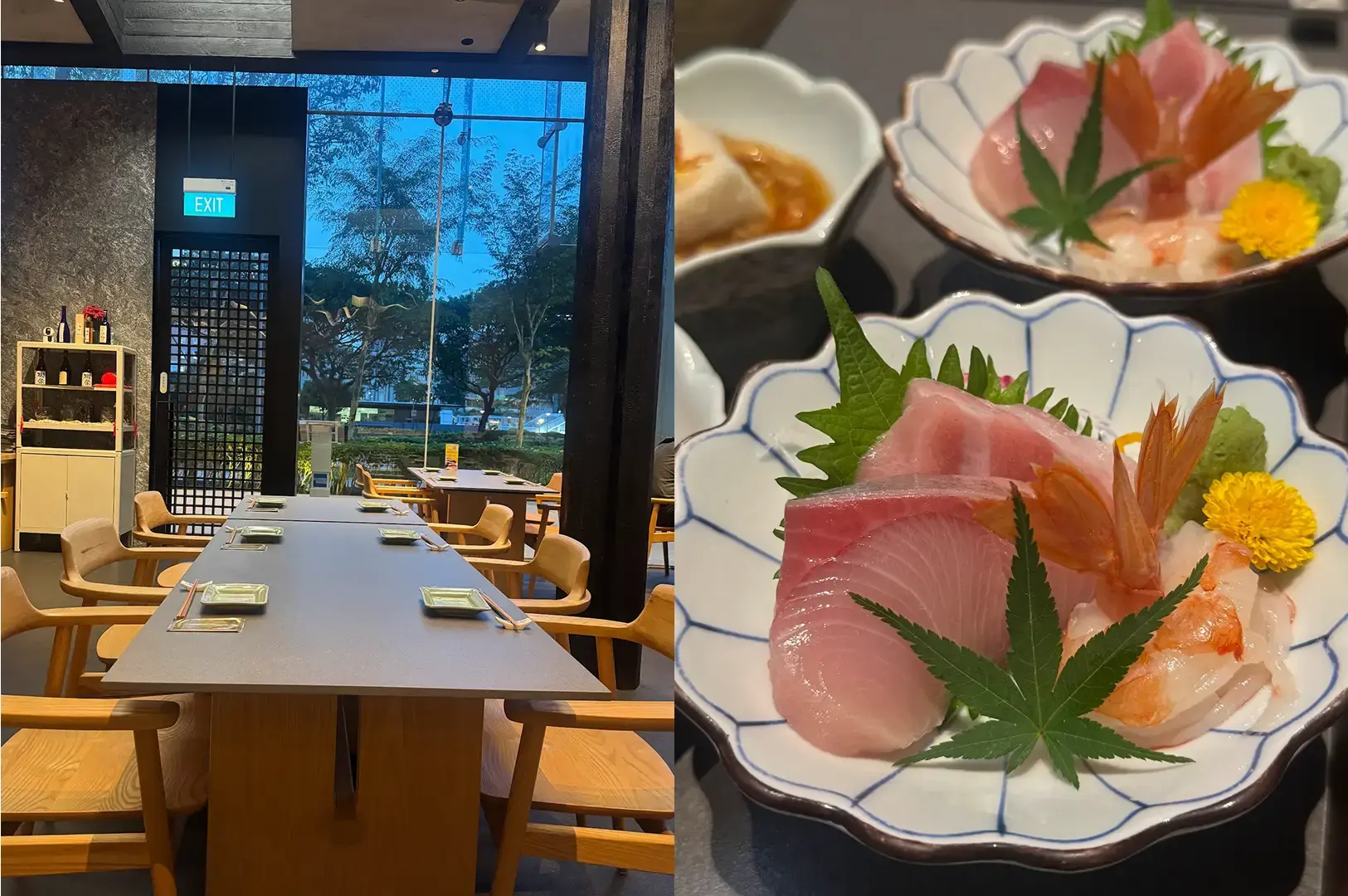 Split image showing a calm Japanese restaurant dining room with wooden tables beside large windows overlooking trees, alongside a decorative plate of assorted sashimi arranged with shiso leaves, maple-shaped garnish, edible flowers, and sliced seafood.