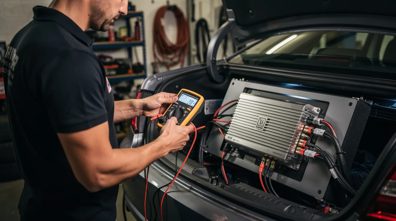 A person is using a multimeter to check the connections of a car audio amplifier, focusing on the ground cable and verifying the resistance at the negative terminal. The scene highlights the importance of establishing a good ground for optimal vehicle audio performance.
