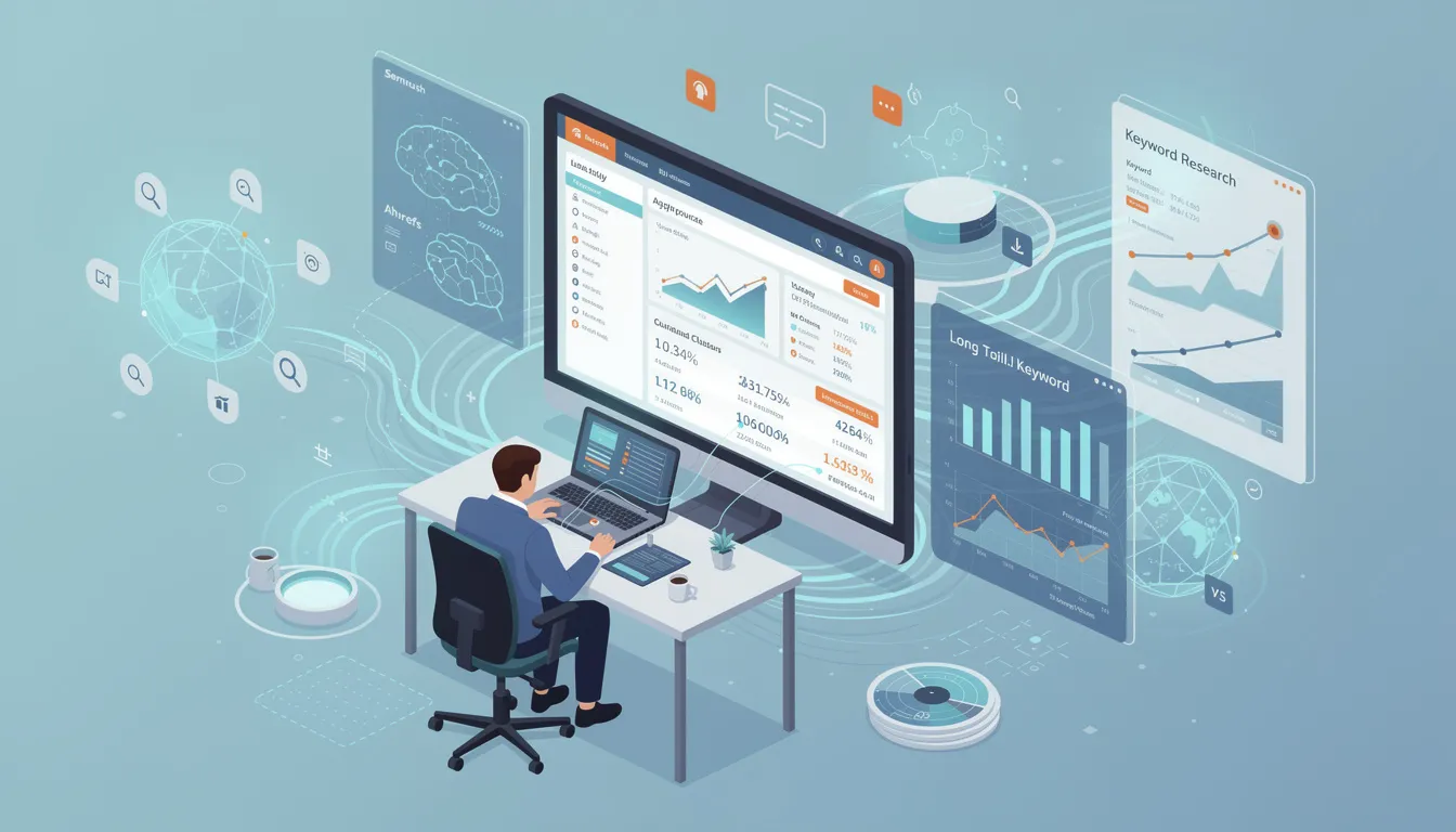 The image illustrates the evolution of keyword research in SEO, showcasing AI-powered tools like SEMrush and Ahrefs that analyze vast datasets to identify relevant keywords and emerging search trends. This transformation enhances the efficiency of search engine optimization by providing valuable insights for digital marketing strategies.