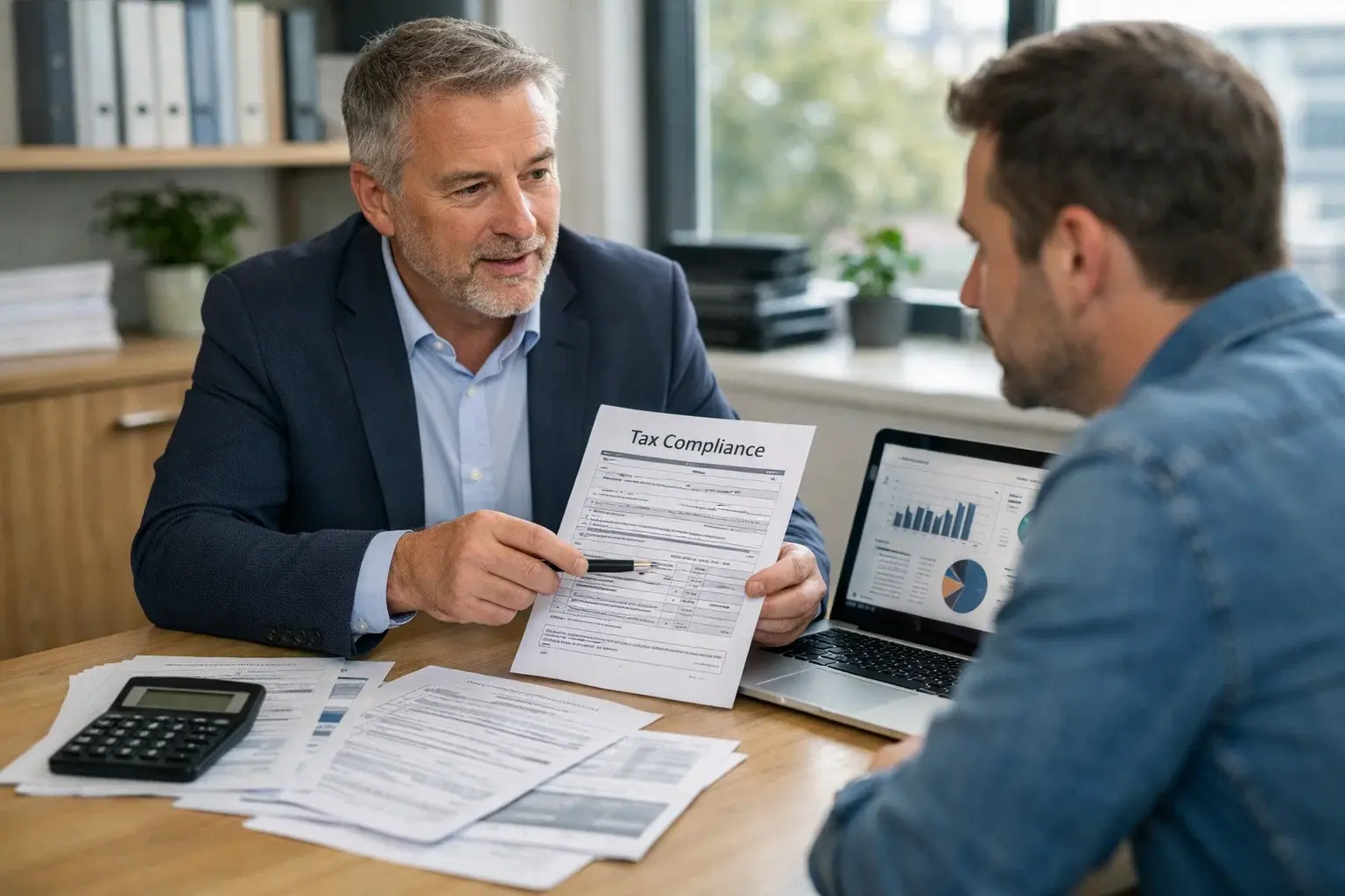 Business adviser explaining tax compliance services and financial reporting to a small business owner.