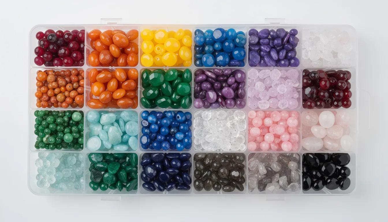 An array of colourful loose gemstone beads is displayed in small containers, sorted by colour. The collection includes various semi precious stones such as rose quartz, lapis lazuli, and amethyst, ideal for jewellery making projects.