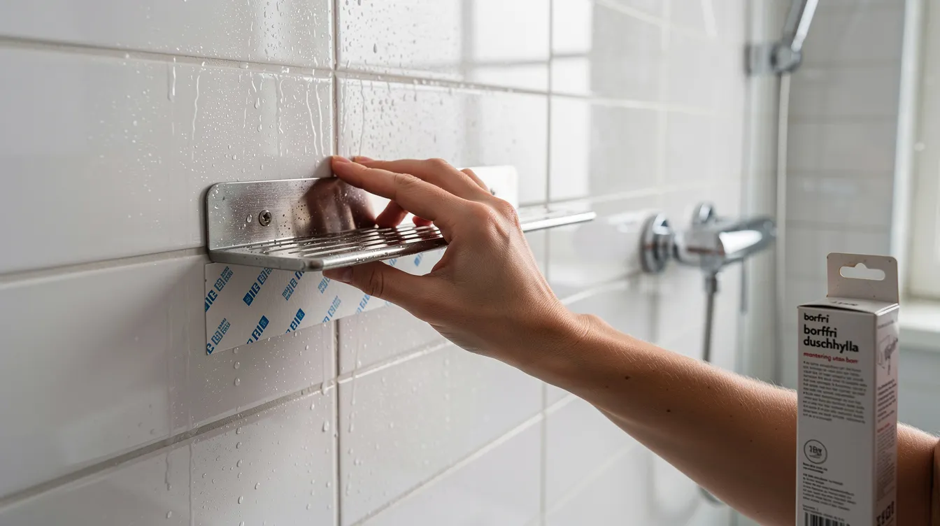 En person monterar en borrfri duschhylla av rostfritt stål på en kakelvägg med tejp, vilket skapar en praktisk förvaring för schampo och tvål i badrummet. Duschhyllan har en modern design och passar perfekt för att hålla ordning i duschen.