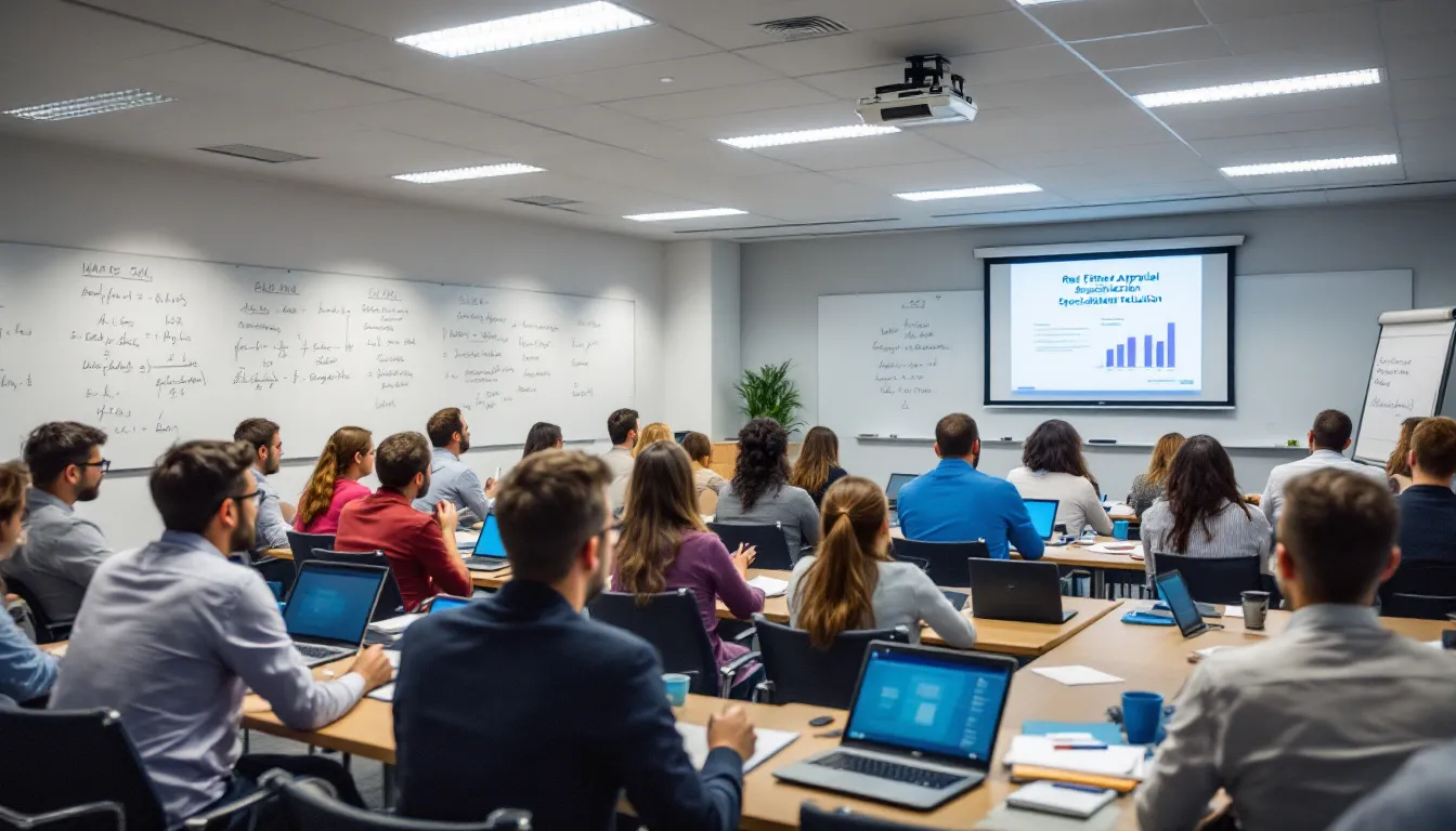 Uma sala de aula com profissionais participando de um curso de especialização em avaliação imobiliária, onde corretores de imóveis e avaliadores de imóveis discutem sobre temas como perícia judicial e valor de mercado. Os participantes estão atentos às instruções do instrutor, que compartilha informações sobre o mercado imobiliário e a atuação como perito avaliador de imóveis.