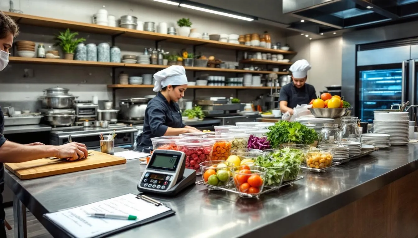 In the image, a busy hotel restaurant kitchen is depicted, showcasing staff members efficiently preparing food while implementing cost control measures to manage hotel operating costs. The scene highlights the importance of operational efficiency and maximizing revenue through streamlined food preparation processes.