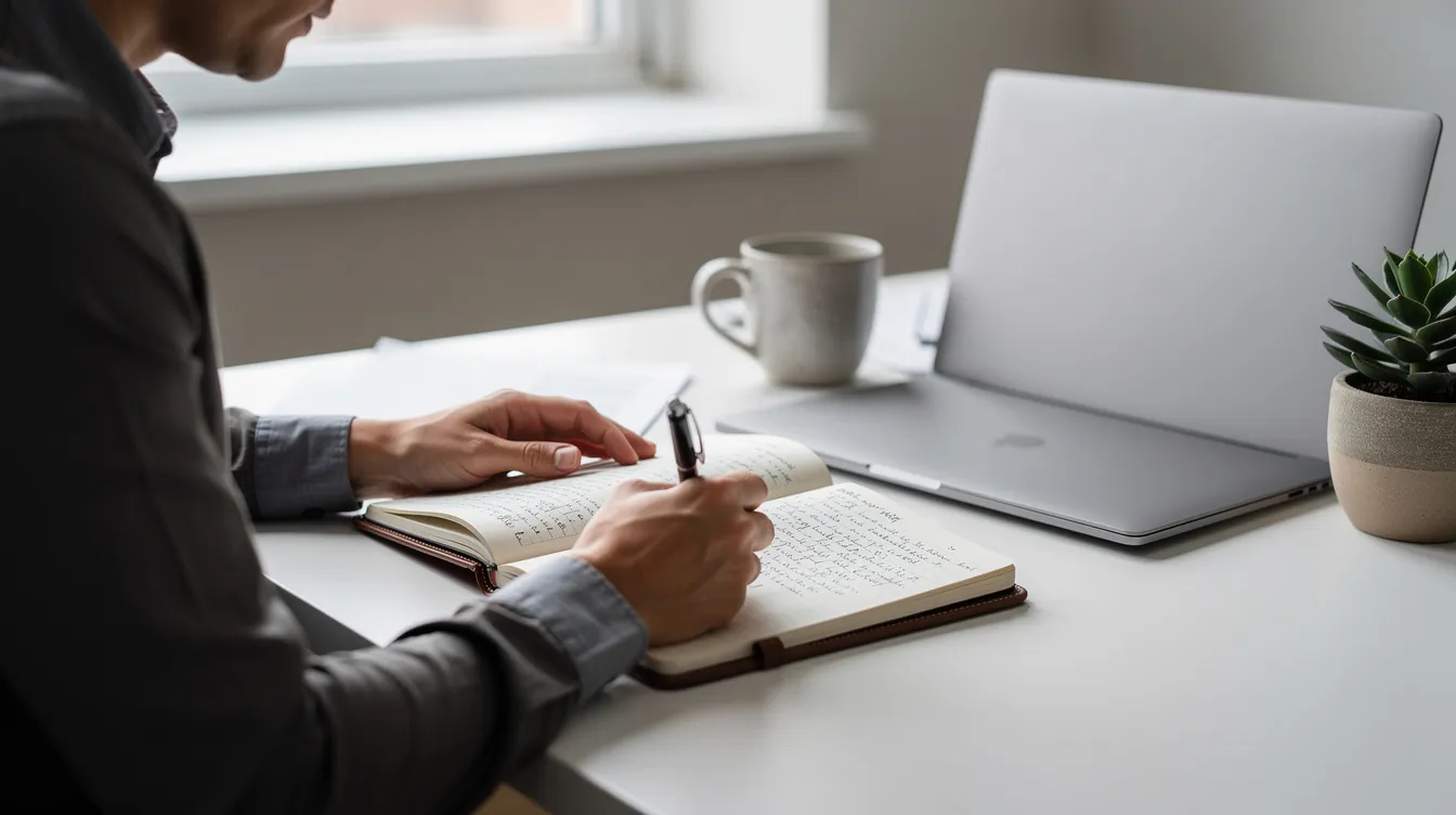 Une personne professionnelle écrit des notes réflexives dans un journal sur un bureau propre, symbolisant l'importance de l'intelligence émotionnelle et de la gestion des émotions au travail pour améliorer la performance et le bien-être de l'équipe. Cette image illustre la prise de conscience de soi et le développement de compétences essentielles pour les managers et les collaborateurs dans un environnement professionnel.