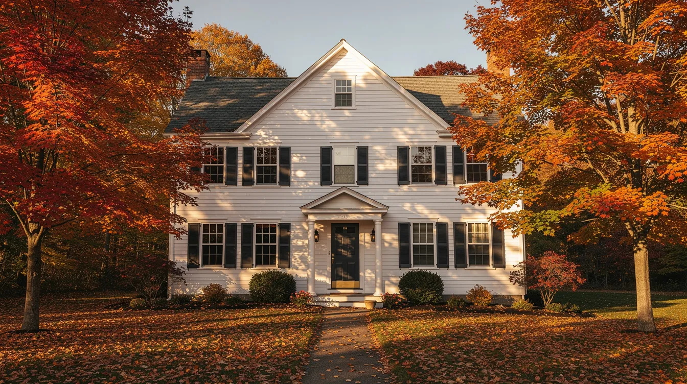 The image features a steep-roofed white New England colonial house with dark shutters, nestled among mature maple trees displaying vibrant autumn colors. This picturesque setting highlights the importance of having the right gutter size, such as 5 inch or 6 inch gutters, to effectively manage rainwater runoff and protect the home from potential overflow during heavy rainfall.