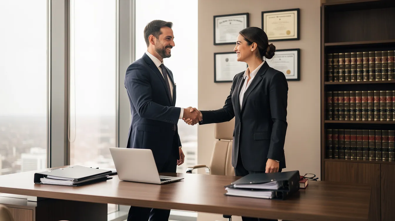 An attorney is shaking hands with a client in a professional office, symbolizing a partnership in navigating the complexities of social security disability insurance and the application process for disability benefits. The setting reflects a commitment to providing significant services for self-employed individuals seeking financial stability through proper documentation and understanding of their rights.