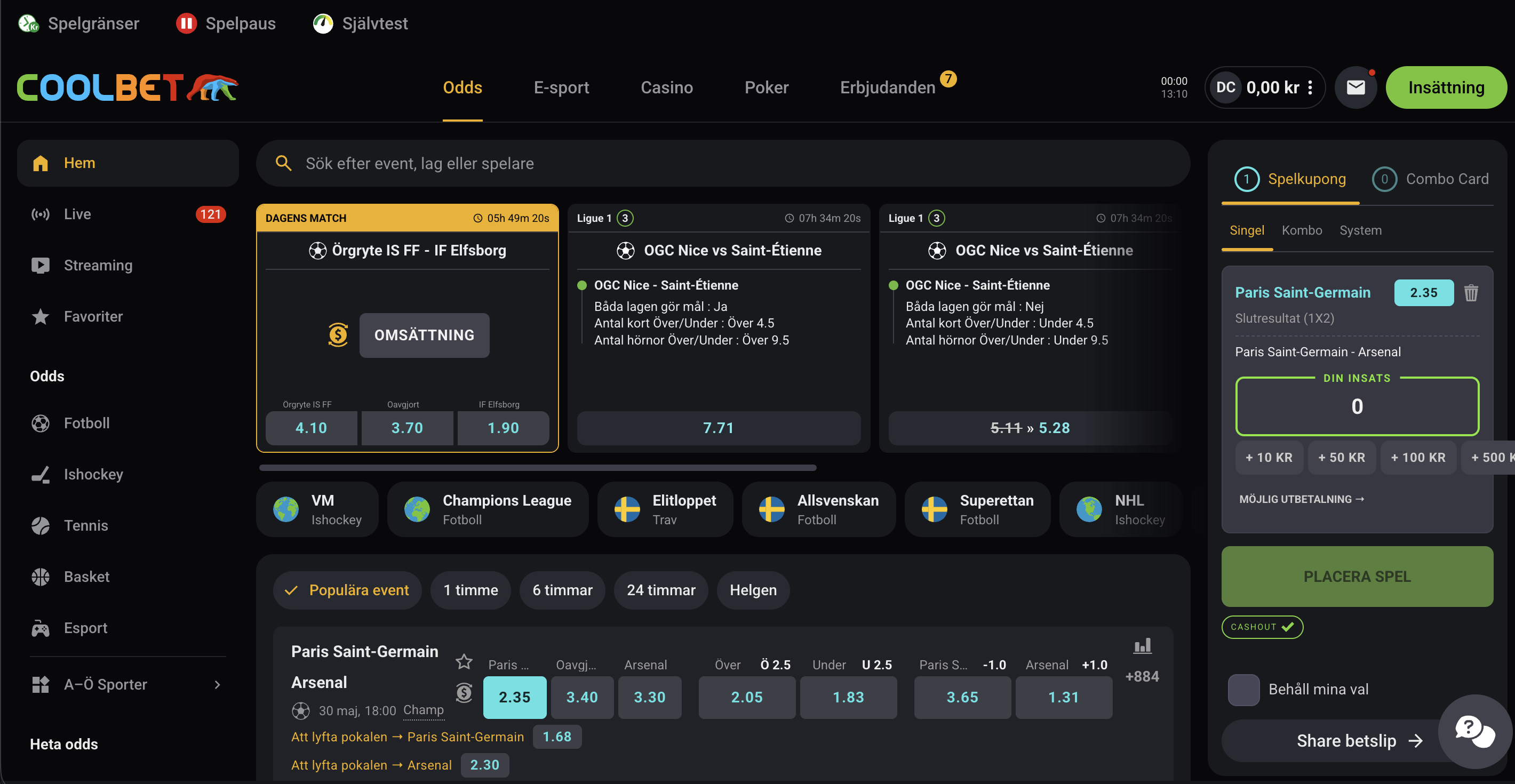 Coolbet sportsbook med odds på fotboll, livebetting, cash out och dagens bästa speltips för svenska spelare.