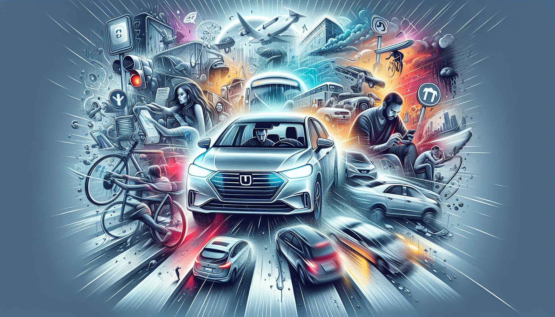 An illustration depicting common causes of Uber accidents, featuring a blurred Uber vehicle involved in diverse scenarios.