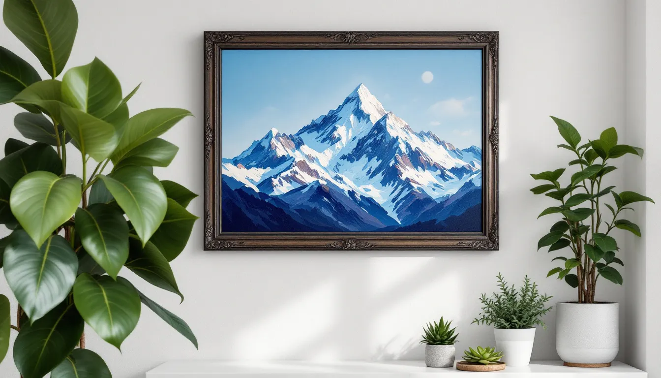 The image features a beautifully framed mountain landscape painting displayed on a wall, showcasing the vibrant colors and details of nature's beauty. Next to it, there are several potted plants that add a touch of life and greenery to the scene, creating a relaxing atmosphere perfect for appreciating art and the outdoors.