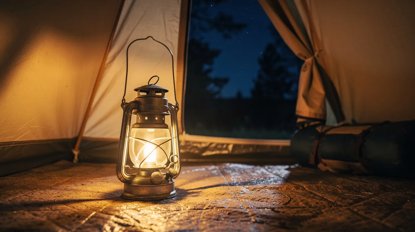 A glowing camp lantern illuminates the inside of a cozy tent at night, casting a warm glow that enhances the camping experience. The soft ambient light creates a comfortable atmosphere, perfect for relaxing after a day of adventure in the great outdoors.