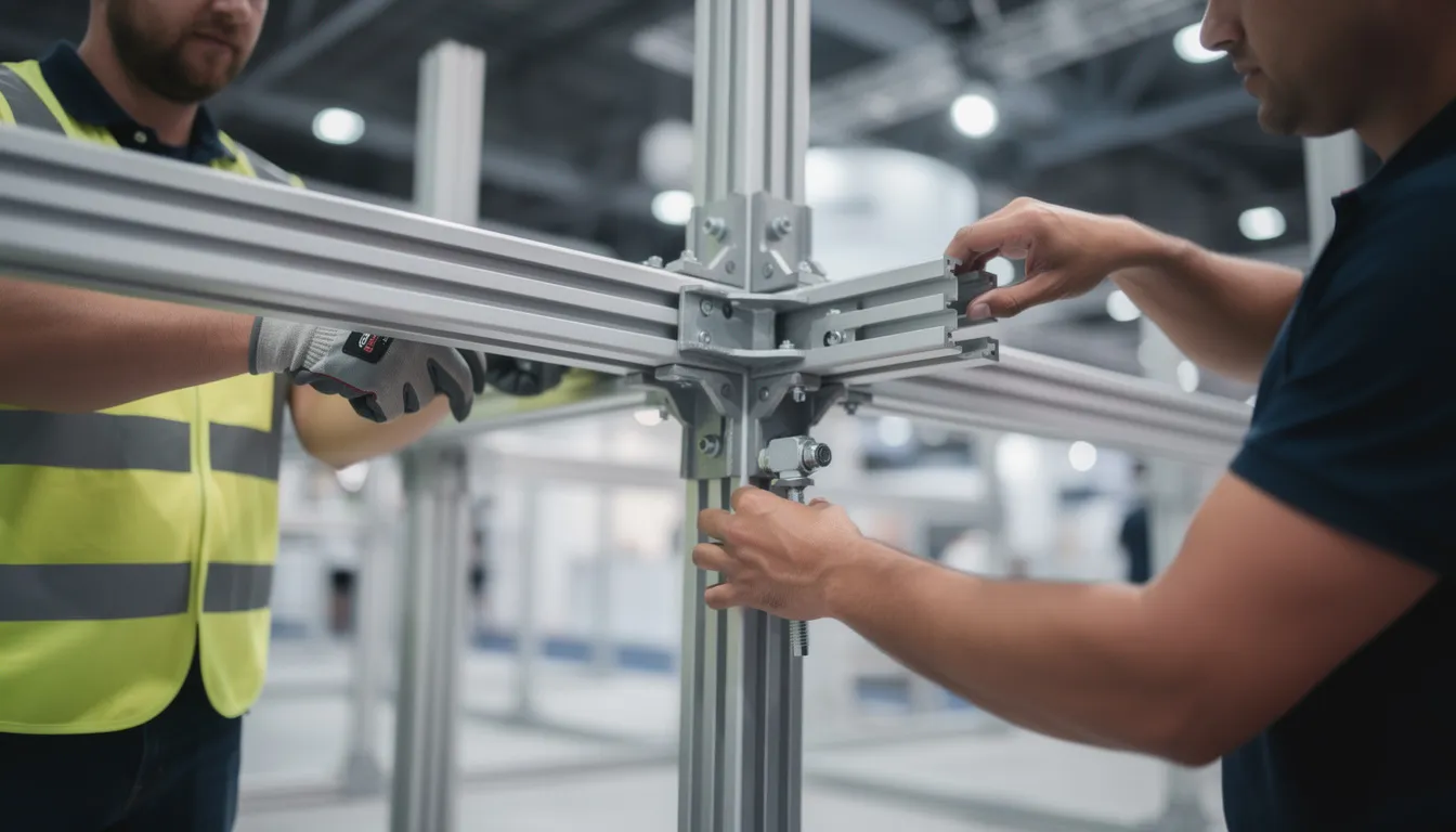 The image shows a close-up view of workers assembling a modular exhibition stand framework, highlighting the intricate components that make up the trade show booth. This assembly process is crucial for effective exhibition participation, as it directly impacts the booth design and overall costs involved in creating an inviting display for potential customers.