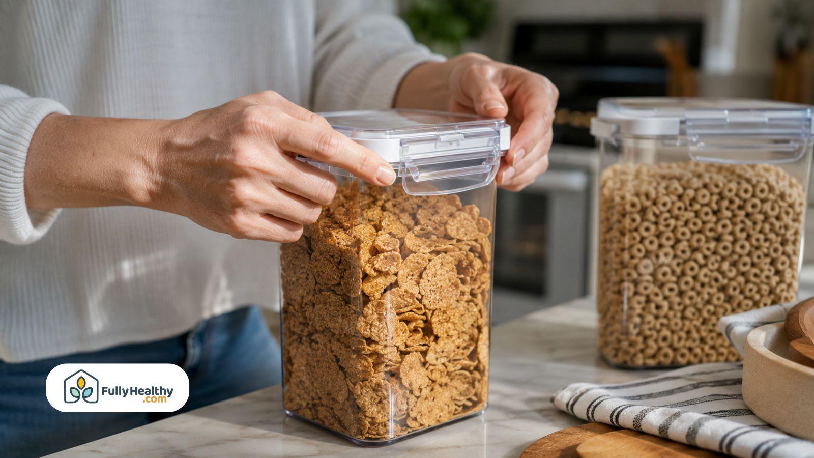 Person sealing airtight cereal storage container in a modern kitchen pantry setup.